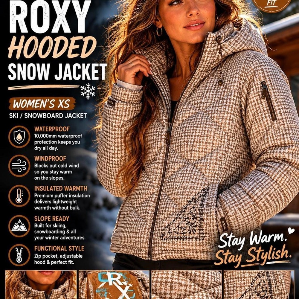 Roxy Women's XS Hooded Snow Ski Jacket Brown Houndstooth Puffer Waterproof